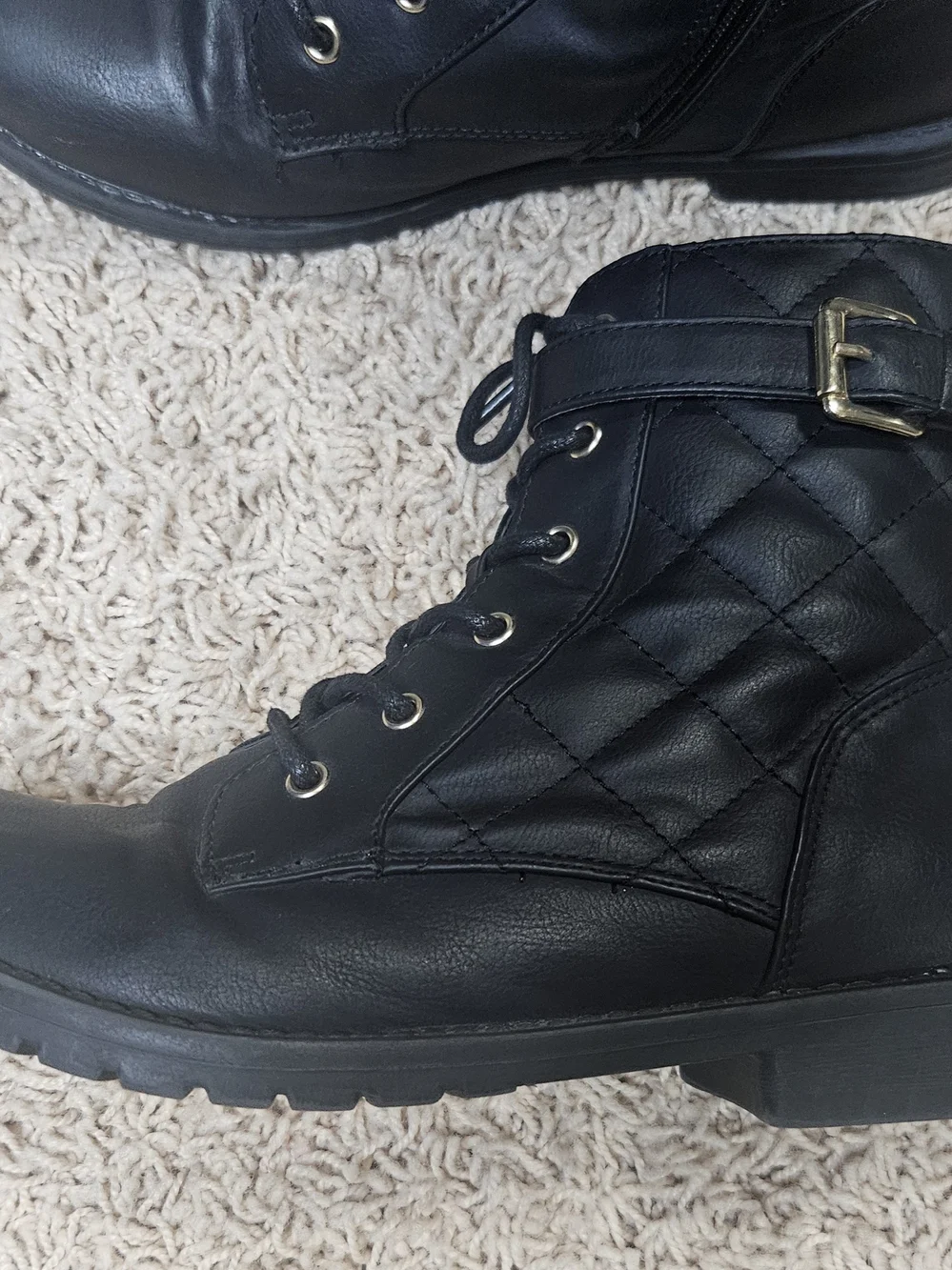 Black Quilted Lace-Up Ankle Boots with Buckle
